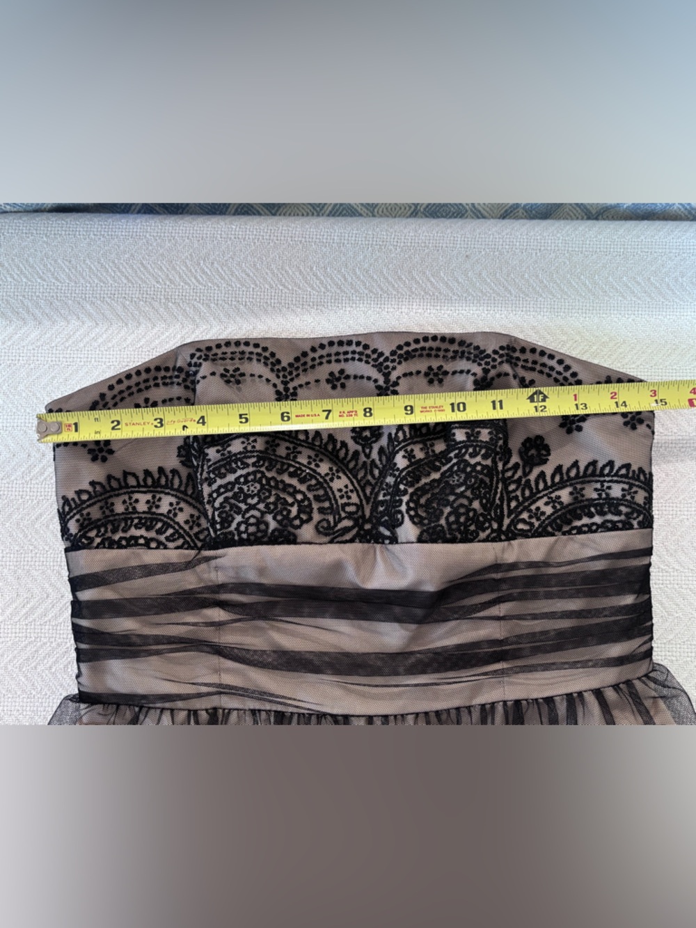 🩷David's Bridal Taupe Strapless Dress with Black Lace - Picture 7 of 13